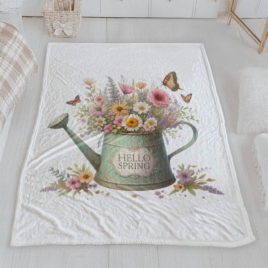 "Hello Spring" Floral Watering Can Velveteen Blanket