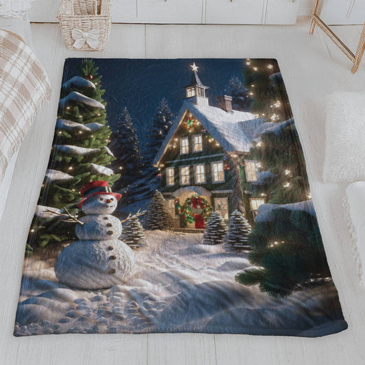 Snowman at Christmas Cottage Velveteen Plush Blanket