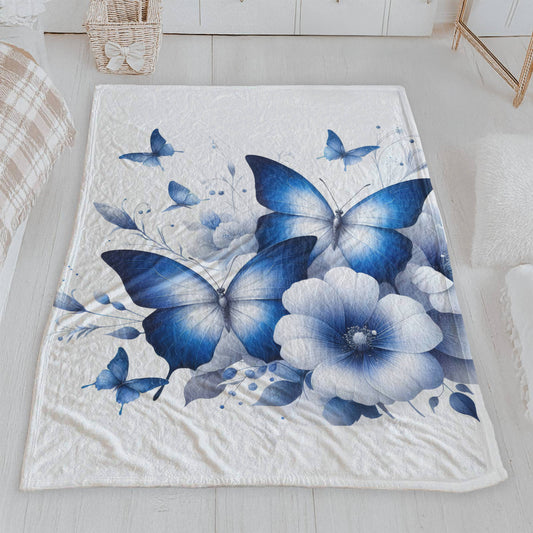 Elegant Blue Butterflies & Flowers Velveteen Blanket