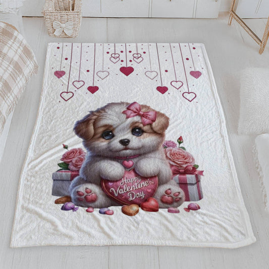 Happy Valentine's Day Puppy Velveteen Blanket