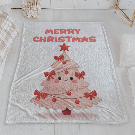 Cute Pink Christmas Tree Velveteen Blanket Throw