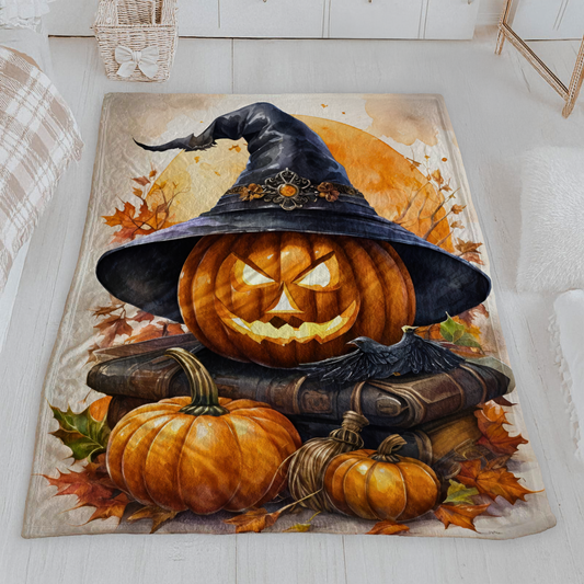 Witch Hat Jack-o'-Lantern & Raven Halloween Plush Blanket