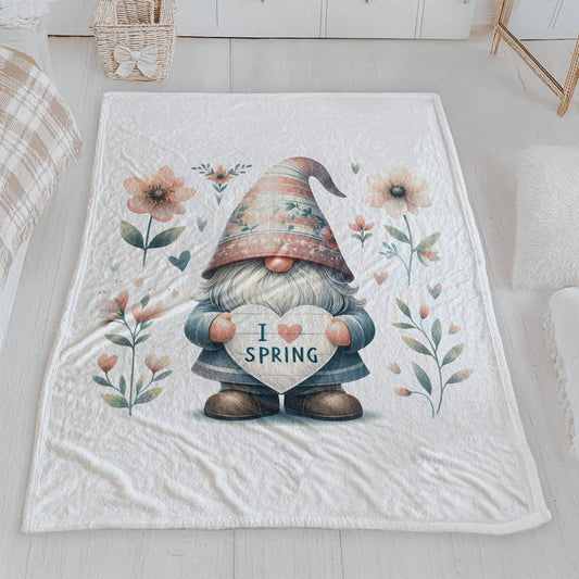 Cute "I Love Spring" Floral Gnome Velveteen Blanket