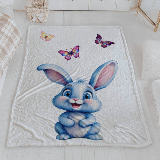 Adorable Blue Bunny & Butterflies Velveteen Blanket