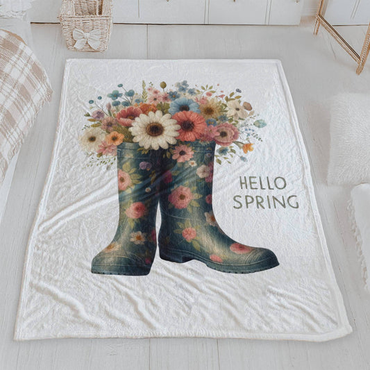 Hello Spring Floral Velveteen Blanket, Cozy Lightweight Throw,