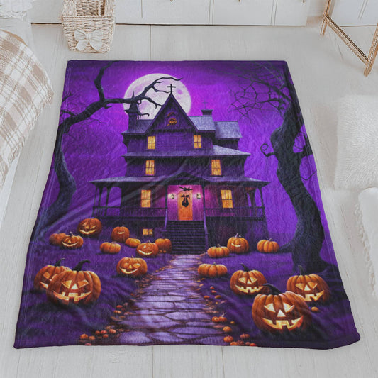 Mystical Purple Haunted House & Pumpkin Path Lightweight Velveteen Blanket