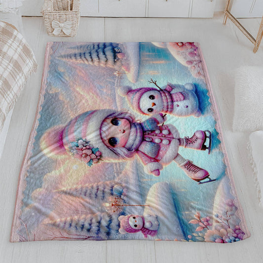 Precious Girl & Snowman Ice Skating Velveteen Blanket