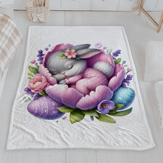 Adorable Sleeping Bunny in Bloom Velveteen Blanket